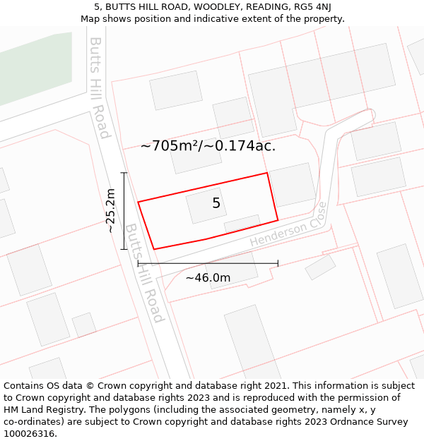 5, BUTTS HILL ROAD, WOODLEY, READING, RG5 4NJ: Plot and title map