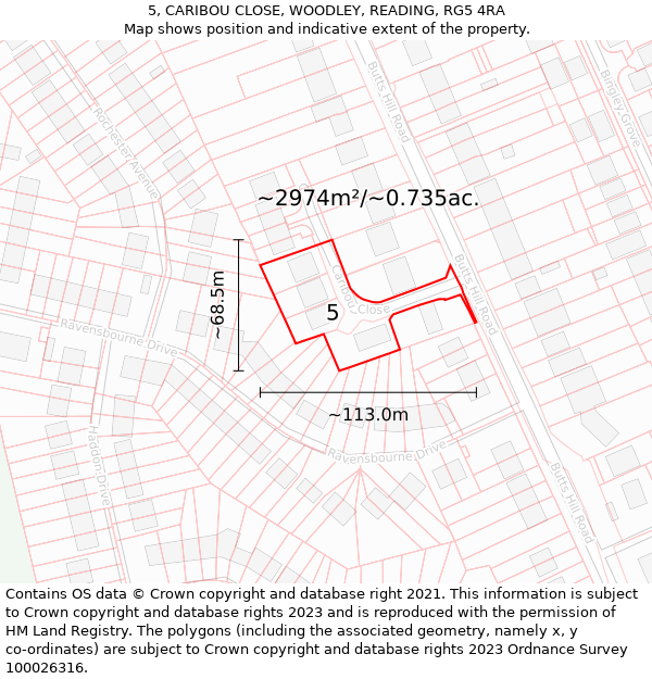 5, CARIBOU CLOSE, WOODLEY, READING, RG5 4RA: Plot and title map