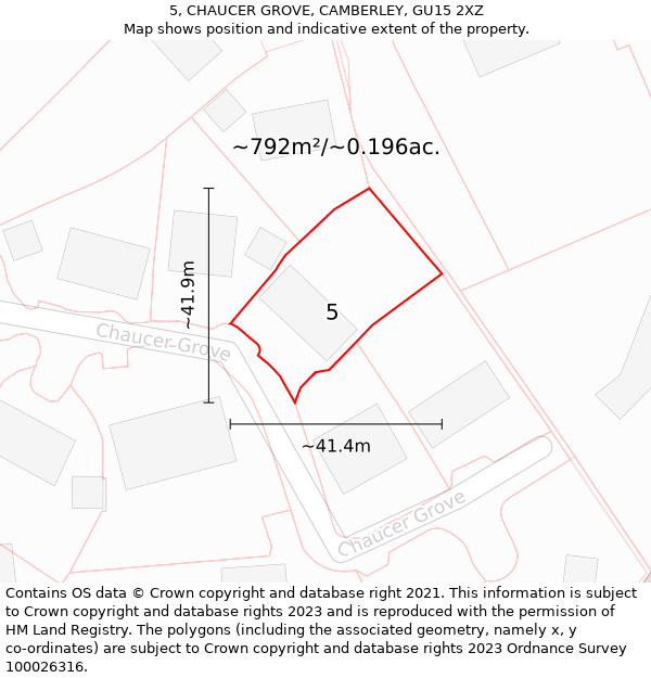 5, CHAUCER GROVE, CAMBERLEY, GU15 2XZ: Plot and title map