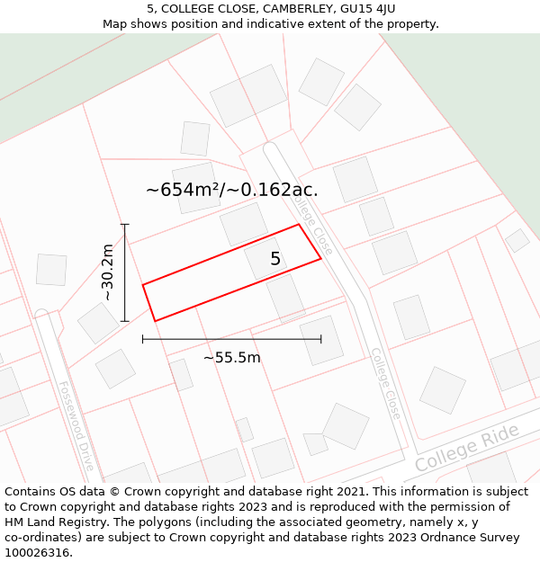 5, COLLEGE CLOSE, CAMBERLEY, GU15 4JU: Plot and title map