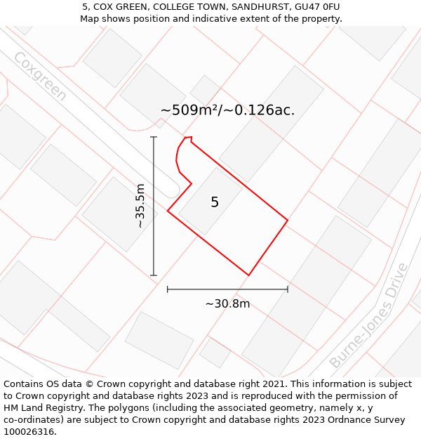 5, COX GREEN, COLLEGE TOWN, SANDHURST, GU47 0FU: Plot and title map