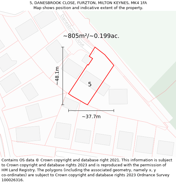 5, DANESBROOK CLOSE, FURZTON, MILTON KEYNES, MK4 1FA: Plot and title map