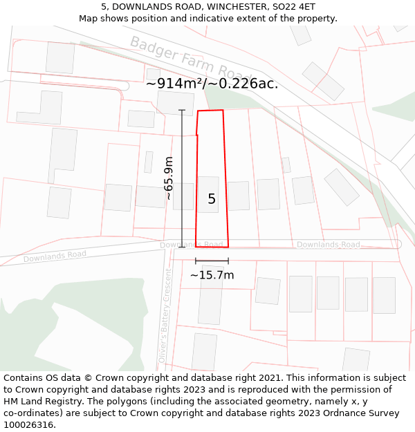 5, DOWNLANDS ROAD, WINCHESTER, SO22 4ET: Plot and title map