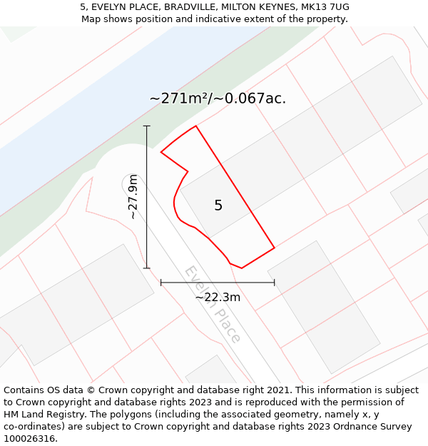 5, EVELYN PLACE, BRADVILLE, MILTON KEYNES, MK13 7UG: Plot and title map