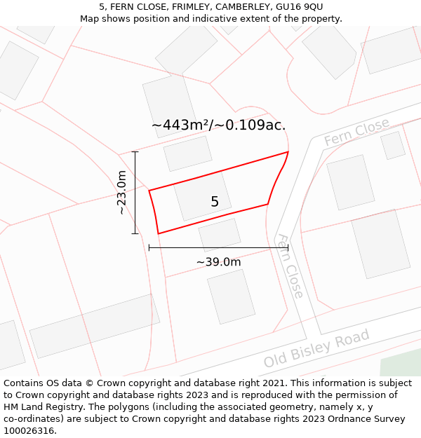 5, FERN CLOSE, FRIMLEY, CAMBERLEY, GU16 9QU: Plot and title map