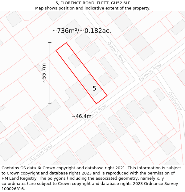 5, FLORENCE ROAD, FLEET, GU52 6LF: Plot and title map