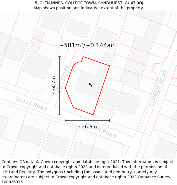 5, GLEN INNES, COLLEGE TOWN, SANDHURST, GU47 0QJ: Plot and title map