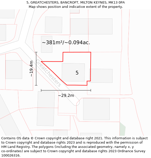 5, GREATCHESTERS, BANCROFT, MILTON KEYNES, MK13 0PA: Plot and title map