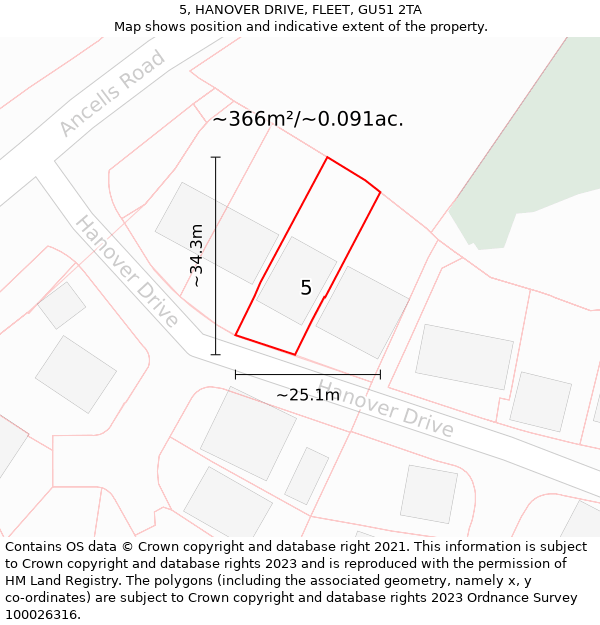 5, HANOVER DRIVE, FLEET, GU51 2TA: Plot and title map