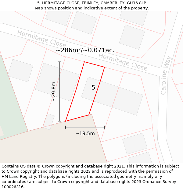 5, HERMITAGE CLOSE, FRIMLEY, CAMBERLEY, GU16 8LP: Plot and title map