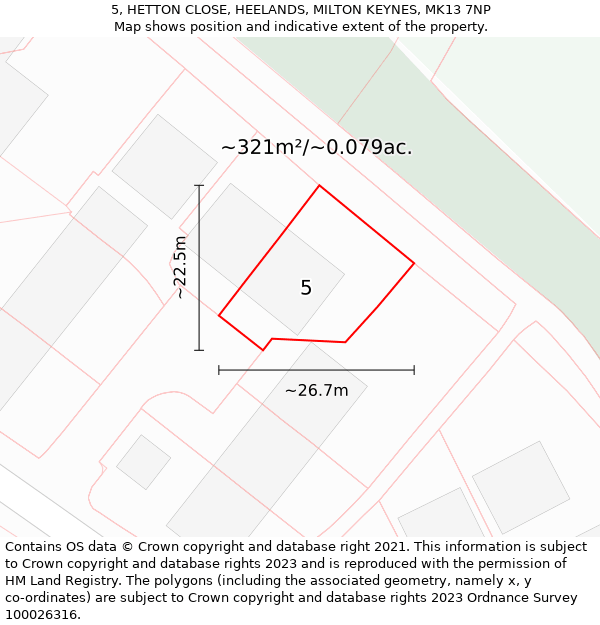 5, HETTON CLOSE, HEELANDS, MILTON KEYNES, MK13 7NP: Plot and title map