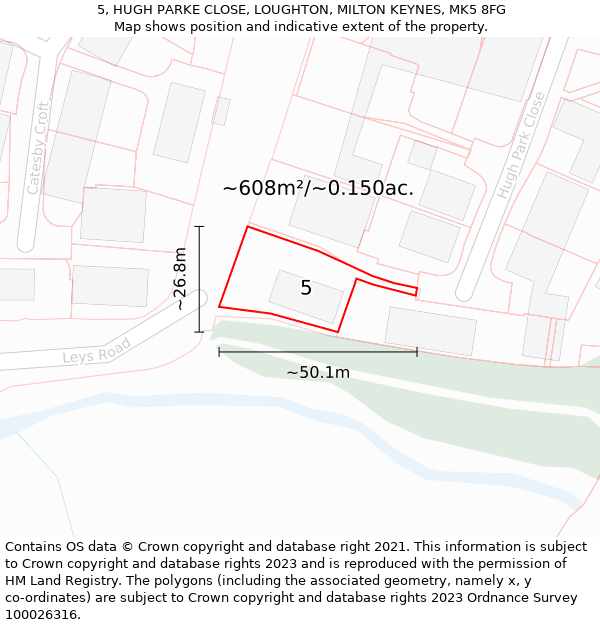 5, HUGH PARKE CLOSE, LOUGHTON, MILTON KEYNES, MK5 8FG: Plot and title map