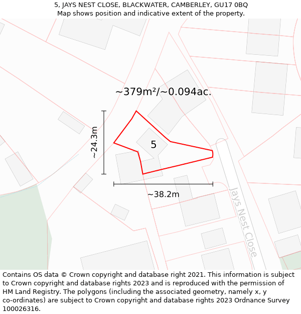 5, JAYS NEST CLOSE, BLACKWATER, CAMBERLEY, GU17 0BQ: Plot and title map