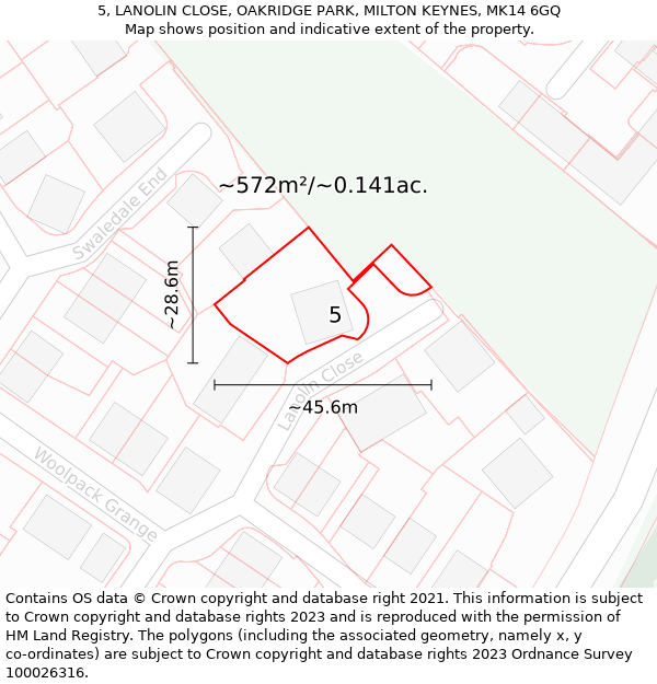 5, LANOLIN CLOSE, OAKRIDGE PARK, MILTON KEYNES, MK14 6GQ: Plot and title map