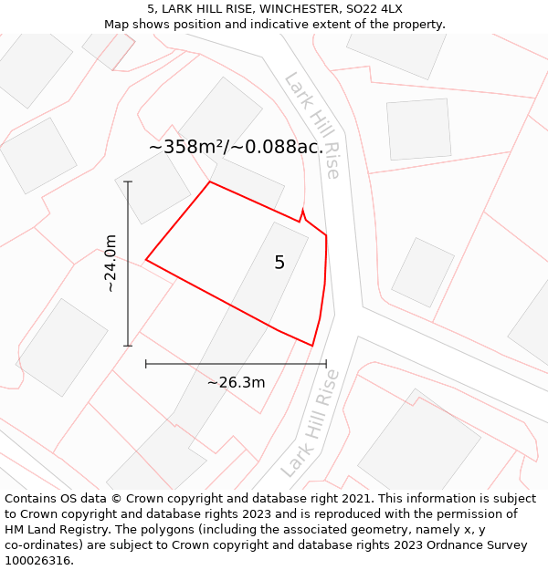 5, LARK HILL RISE, WINCHESTER, SO22 4LX: Plot and title map