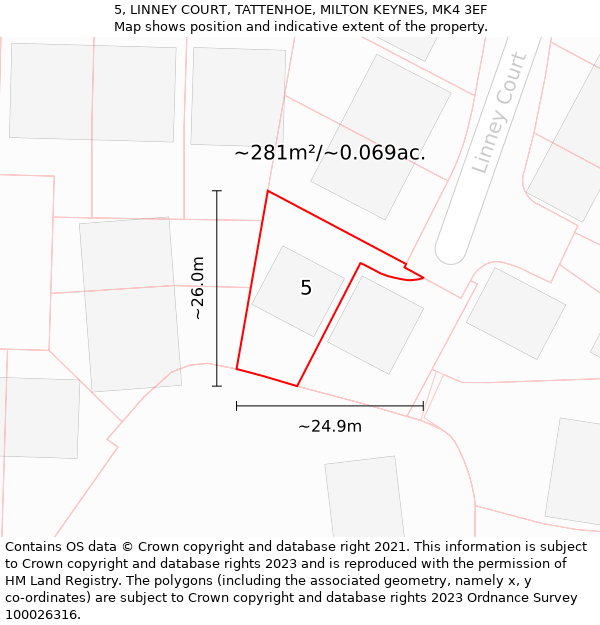 5, LINNEY COURT, TATTENHOE, MILTON KEYNES, MK4 3EF: Plot and title map