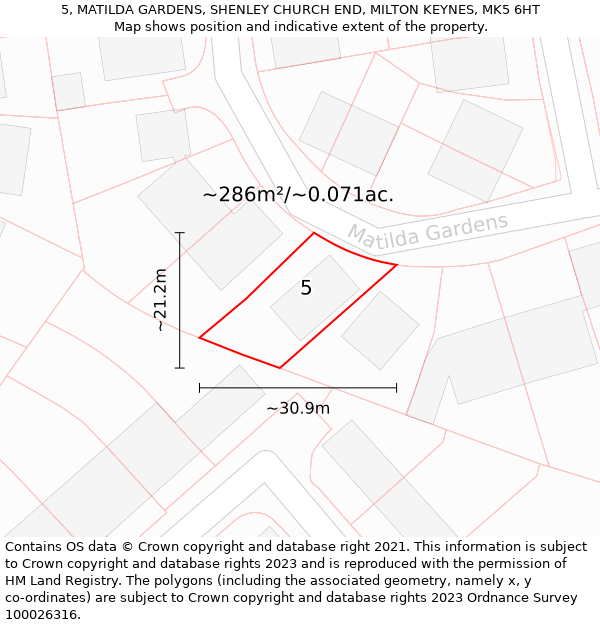 5, MATILDA GARDENS, SHENLEY CHURCH END, MILTON KEYNES, MK5 6HT: Plot and title map