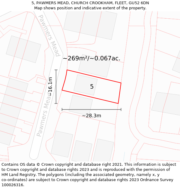 5, PAWMERS MEAD, CHURCH CROOKHAM, FLEET, GU52 6DN: Plot and title map