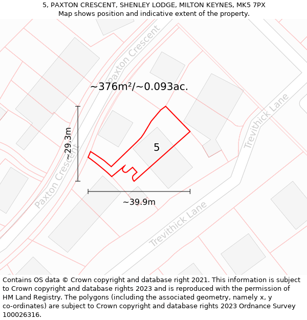 5, PAXTON CRESCENT, SHENLEY LODGE, MILTON KEYNES, MK5 7PX: Plot and title map