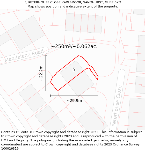 5, PETERHOUSE CLOSE, OWLSMOOR, SANDHURST, GU47 0XD: Plot and title map