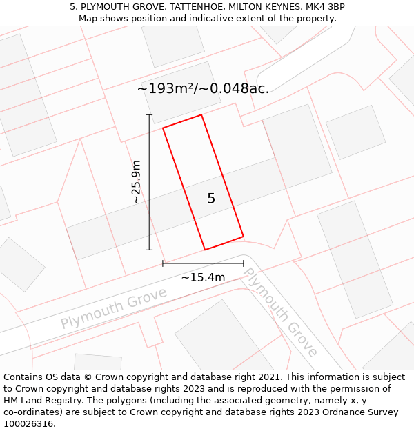 5, PLYMOUTH GROVE, TATTENHOE, MILTON KEYNES, MK4 3BP: Plot and title map