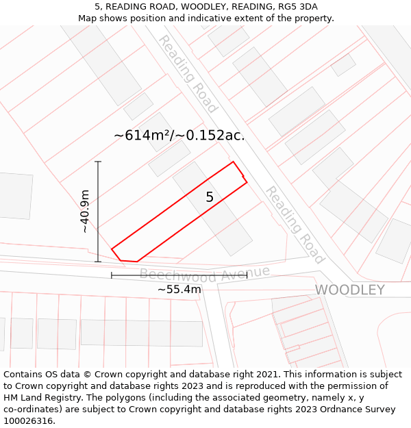 5, READING ROAD, WOODLEY, READING, RG5 3DA: Plot and title map