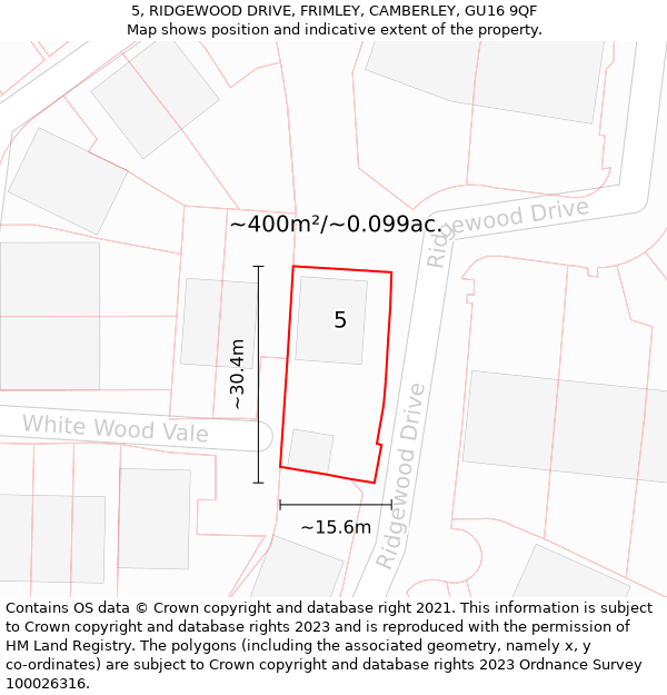 5, RIDGEWOOD DRIVE, FRIMLEY, CAMBERLEY, GU16 9QF: Plot and title map