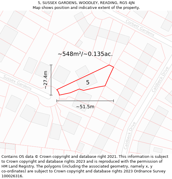 5, SUSSEX GARDENS, WOODLEY, READING, RG5 4JN: Plot and title map