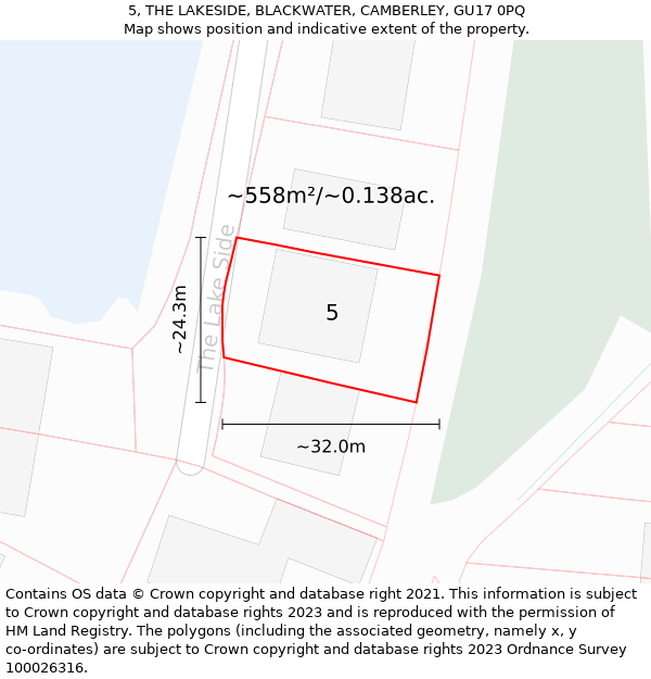 5, THE LAKESIDE, BLACKWATER, CAMBERLEY, GU17 0PQ: Plot and title map