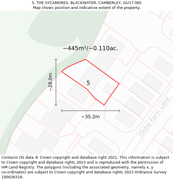 5, THE SYCAMORES, BLACKWATER, CAMBERLEY, GU17 0EE: Plot and title map