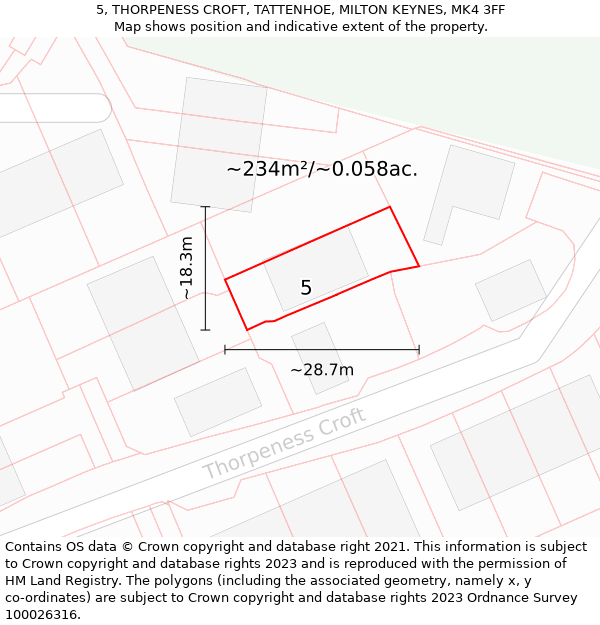 5, THORPENESS CROFT, TATTENHOE, MILTON KEYNES, MK4 3FF: Plot and title map