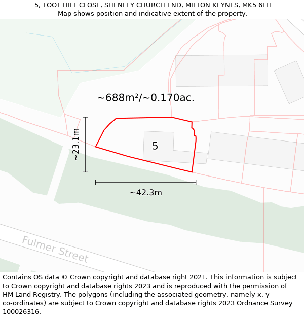 5, TOOT HILL CLOSE, SHENLEY CHURCH END, MILTON KEYNES, MK5 6LH: Plot and title map