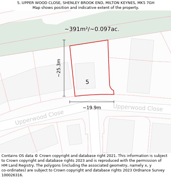 5, UPPER WOOD CLOSE, SHENLEY BROOK END, MILTON KEYNES, MK5 7GH: Plot and title map