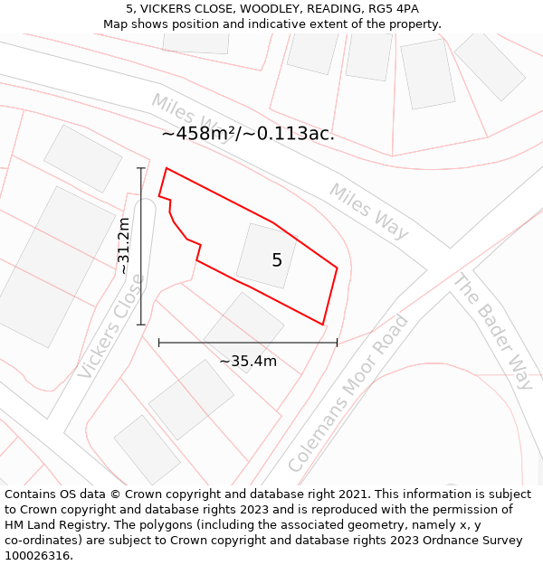 5, VICKERS CLOSE, WOODLEY, READING, RG5 4PA: Plot and title map