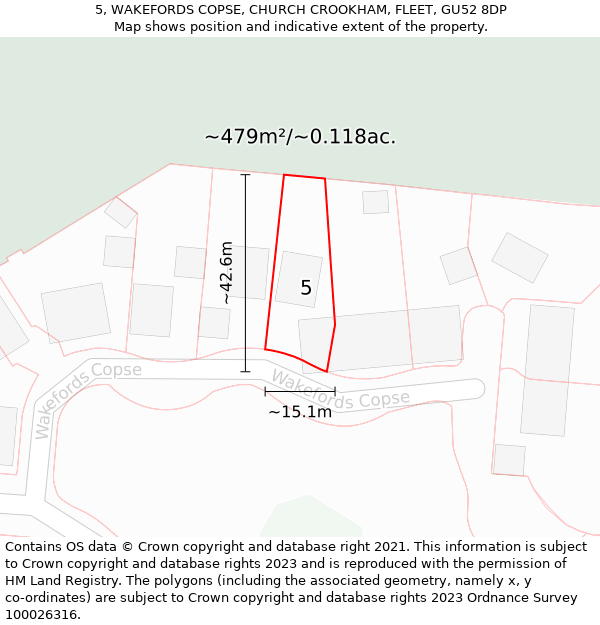 5, WAKEFORDS COPSE, CHURCH CROOKHAM, FLEET, GU52 8DP: Plot and title map