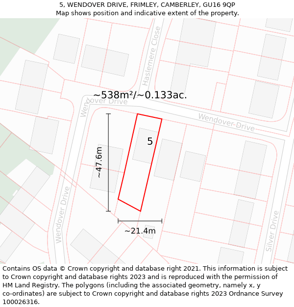 5, WENDOVER DRIVE, FRIMLEY, CAMBERLEY, GU16 9QP: Plot and title map