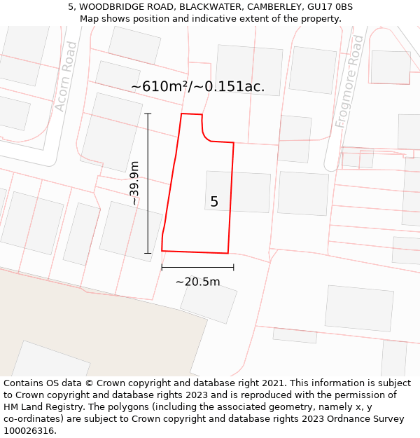 5, WOODBRIDGE ROAD, BLACKWATER, CAMBERLEY, GU17 0BS: Plot and title map