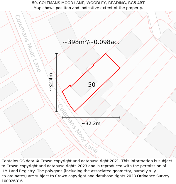 50, COLEMANS MOOR LANE, WOODLEY, READING, RG5 4BT: Plot and title map