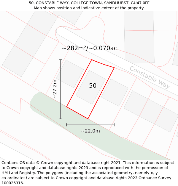 50, CONSTABLE WAY, COLLEGE TOWN, SANDHURST, GU47 0FE: Plot and title map