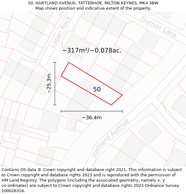 50, HARTLAND AVENUE, TATTENHOE, MILTON KEYNES, MK4 3BW: Plot and title map