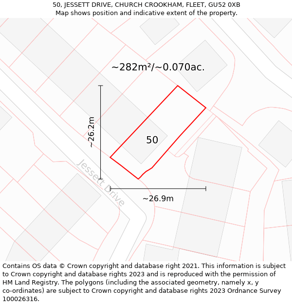 50, JESSETT DRIVE, CHURCH CROOKHAM, FLEET, GU52 0XB: Plot and title map