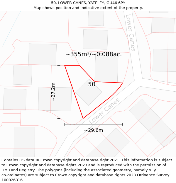 50, LOWER CANES, YATELEY, GU46 6PY: Plot and title map