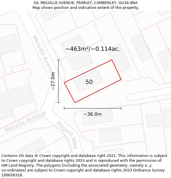 50, MELVILLE AVENUE, FRIMLEY, CAMBERLEY, GU16 8NA: Plot and title map