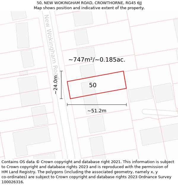 50, NEW WOKINGHAM ROAD, CROWTHORNE, RG45 6JJ: Plot and title map