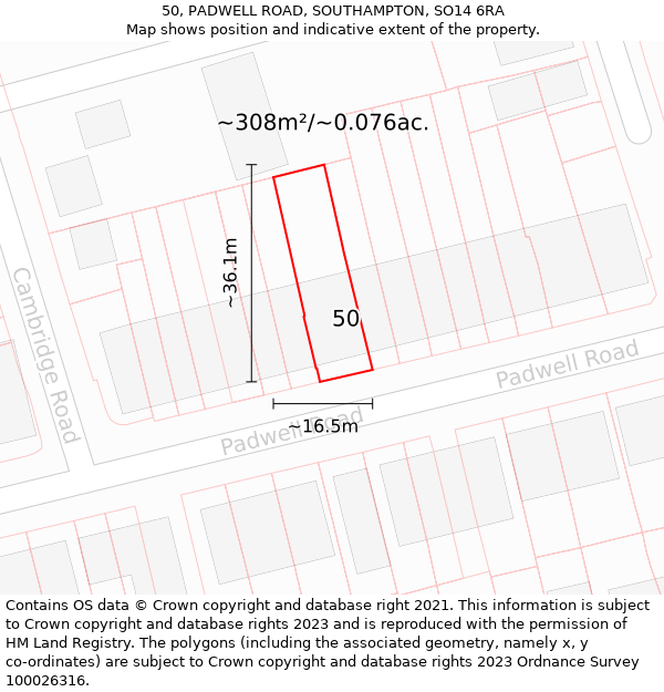 50, PADWELL ROAD, SOUTHAMPTON, SO14 6RA: Plot and title map