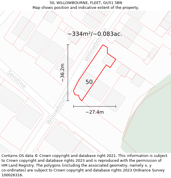 50, WILLOWBOURNE, FLEET, GU51 5BN: Plot and title map