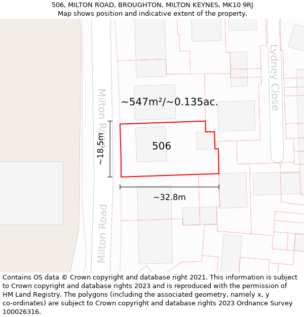 506, MILTON ROAD, BROUGHTON, MILTON KEYNES, MK10 9RJ: Plot and title map