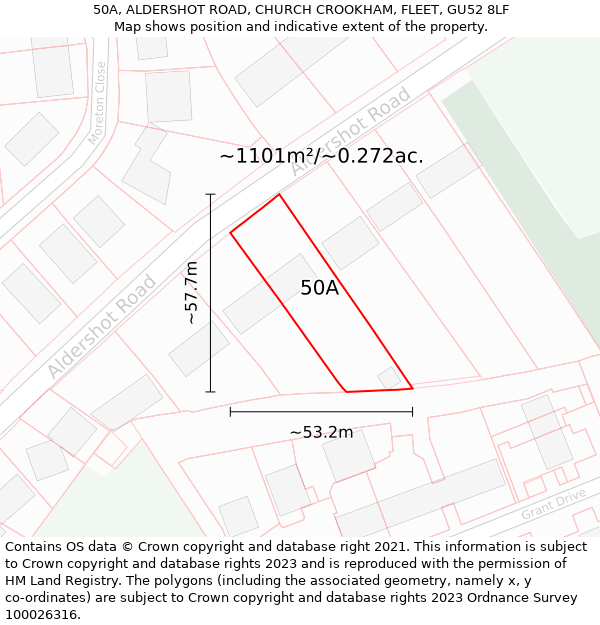 50A, ALDERSHOT ROAD, CHURCH CROOKHAM, FLEET, GU52 8LF: Plot and title map