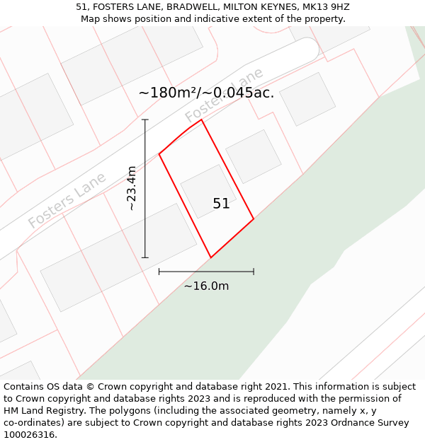 51, FOSTERS LANE, BRADWELL, MILTON KEYNES, MK13 9HZ: Plot and title map