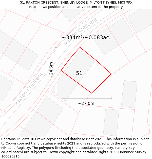 51, PAXTON CRESCENT, SHENLEY LODGE, MILTON KEYNES, MK5 7PX: Plot and title map